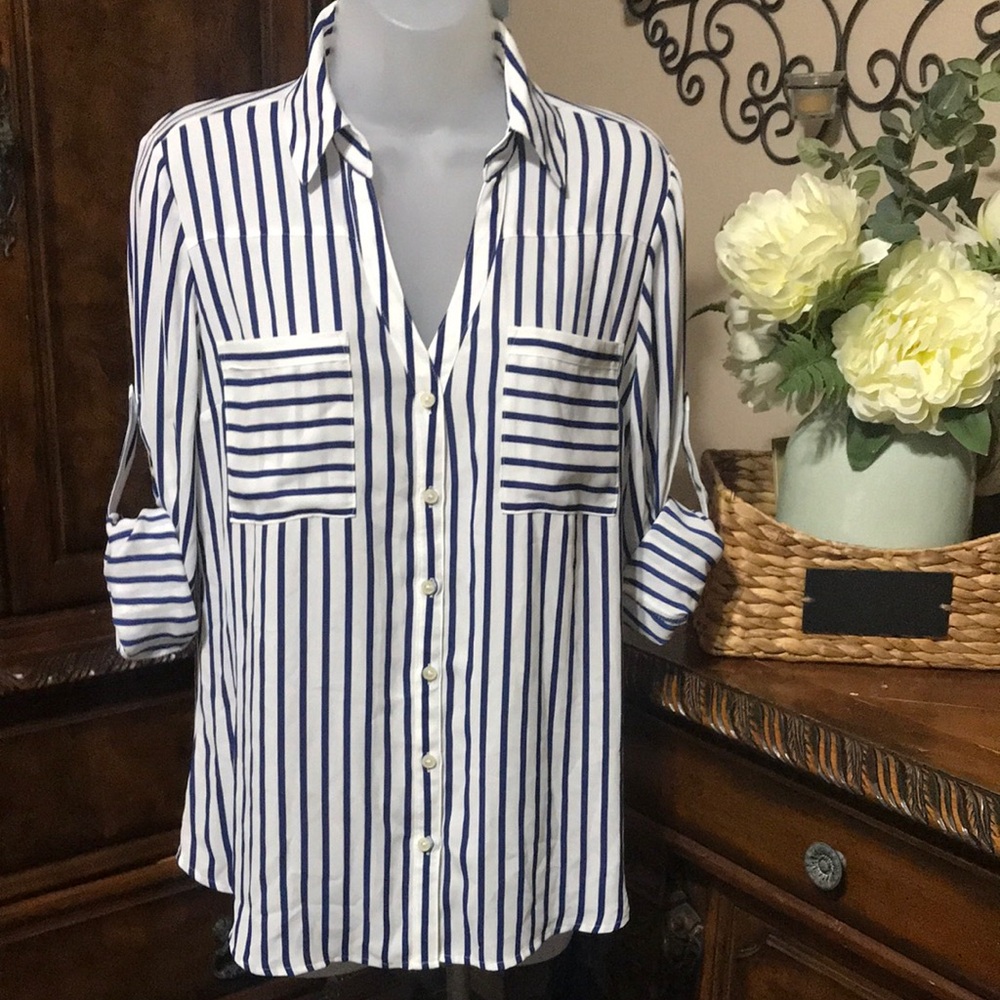 Express Portofino navy Blue 3/4 Sleeve Notched Collar Blouse